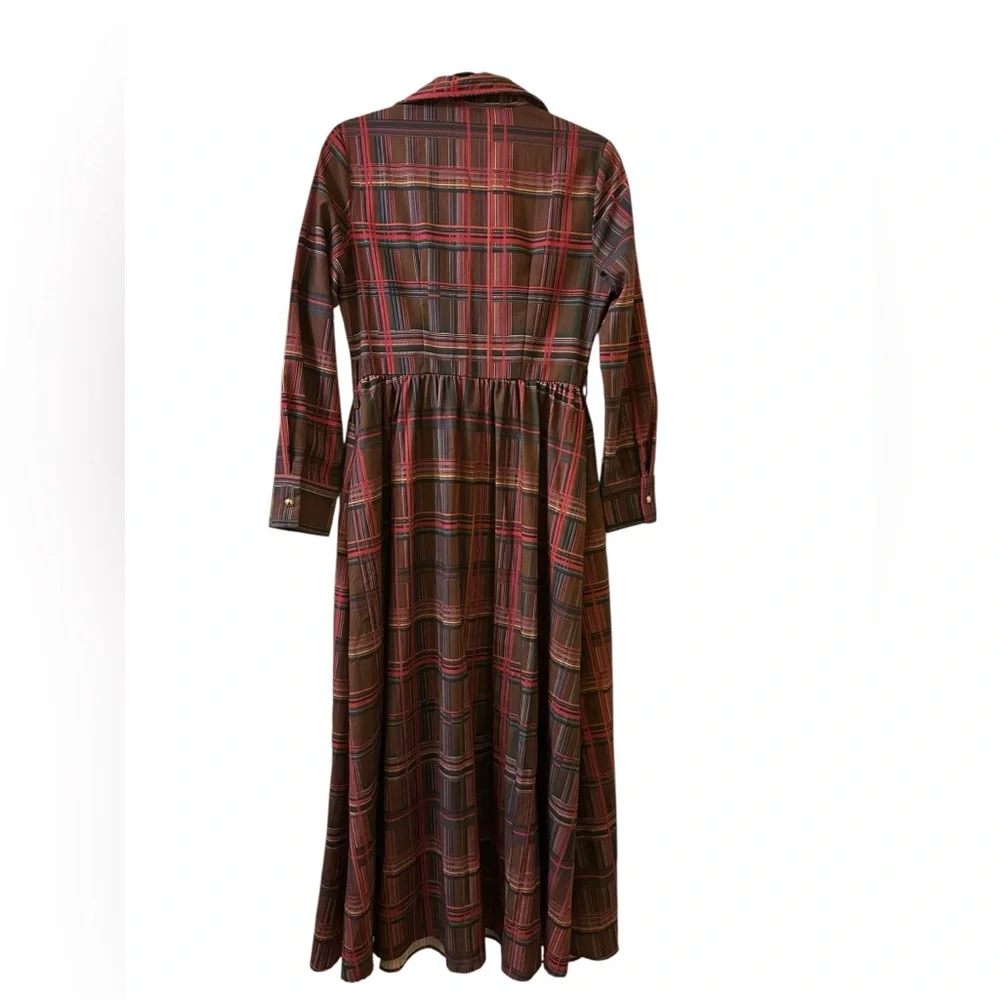 Oyrosy Retro Ethnic Style Lapel Reddish Brown Plaid Maxi Dress size S - Picture 6 of 11